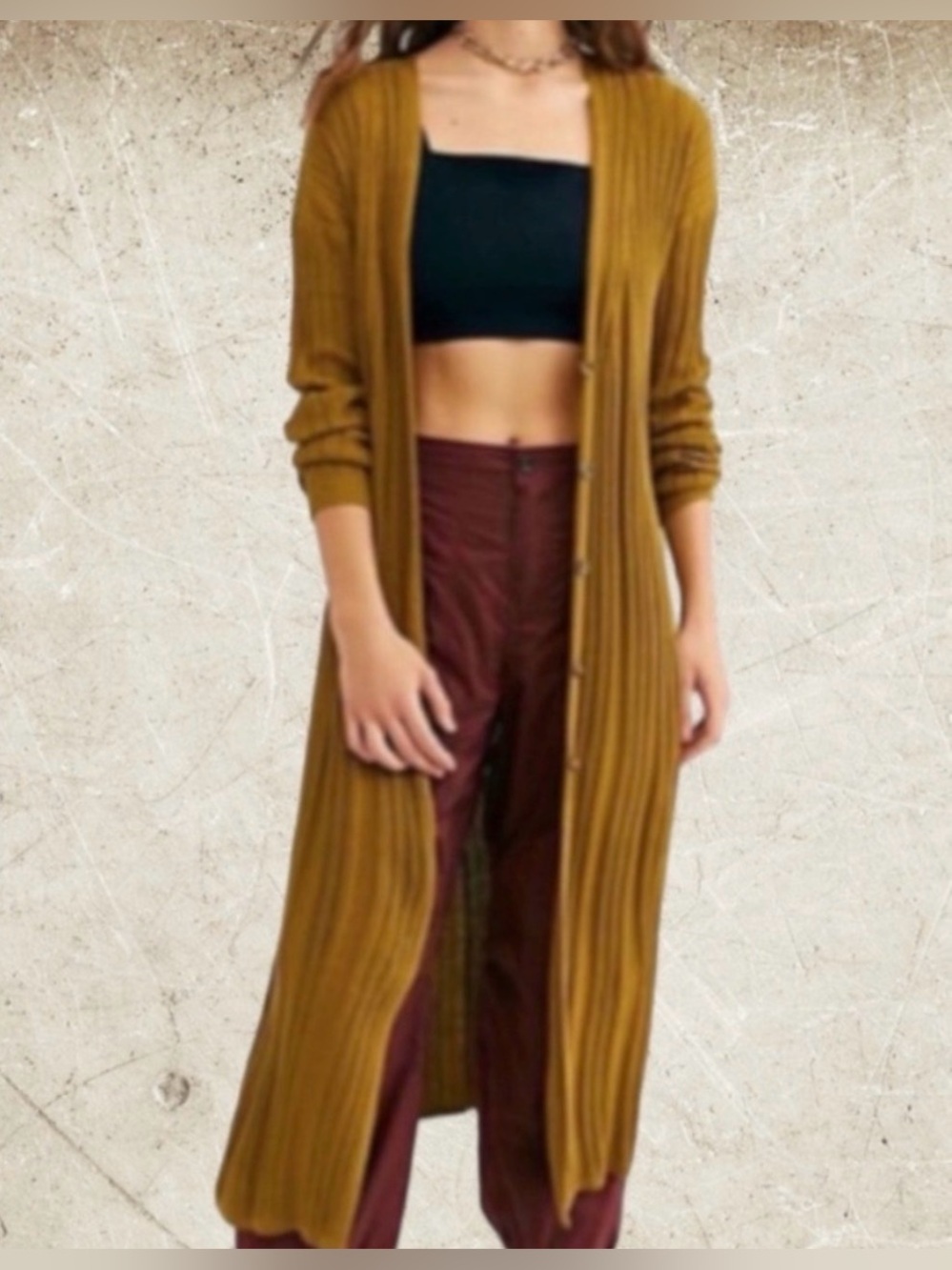 Free People Long Ribbed Open Front Cardigan Sweater - Mustard
